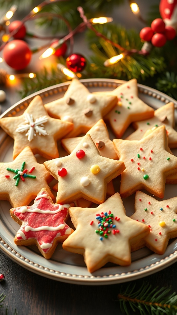 Classic Christmas Shortbread Cookies Recipe A plate of decorated Christmas shortbread cookies shaped like stars and trees, surrounded by holiday decorations.